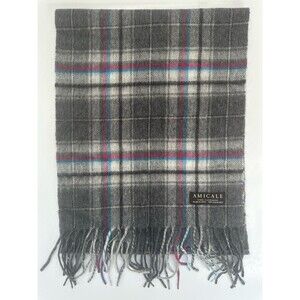 Amicale 100% Cashmere Scarf Gray Plaid Fringe Soft Luxury Unisex